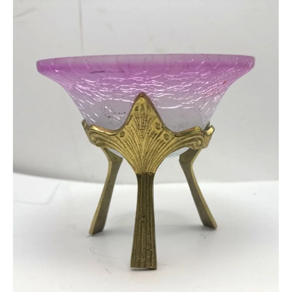 Crackled Glass Bowl Vase Candle Holder Orb Ornate Brass Stand Purple 4x4.25